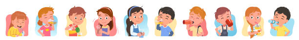 ilustrações de stock, clip art, desenhos animados e ícones de kids drinking water set. girls, boys hold bottles, glasses, cups, enjoy drinking beverages. thirsty people with soda, water soft drinks. children quenching thirst. hydration flat vector illustration - water water bottle glass pouring