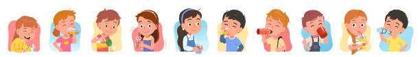 Kids drinking water set. Girls, boys hold bottles, glasses, cups, enjoy drinking beverages. Thirsty people with soda, water soft drinks. Children quenching thirst. Hydration flat vector illustration Kids drinking water set. Girls, boys hold bottles, glasses, cups, enjoy drinking beverages. Thirsty people with soda, water soft drinks. Children quenching thirst. Hydration flat style vector isolated illustration thirst quenching stock illustrations
