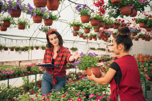 istock Women taking notes about flowers, while other holding pot with spring flowers 1327516445
