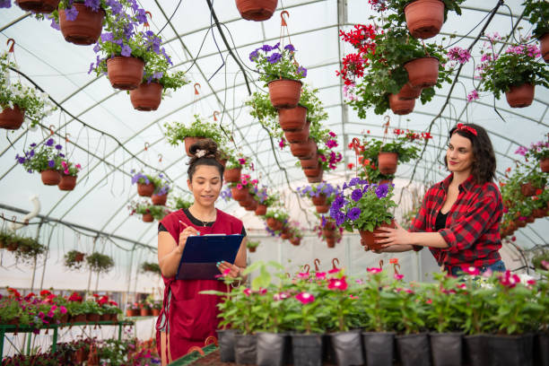 istock Women taking notes about flowers, while other holding pot with spring flowers 1327516511
