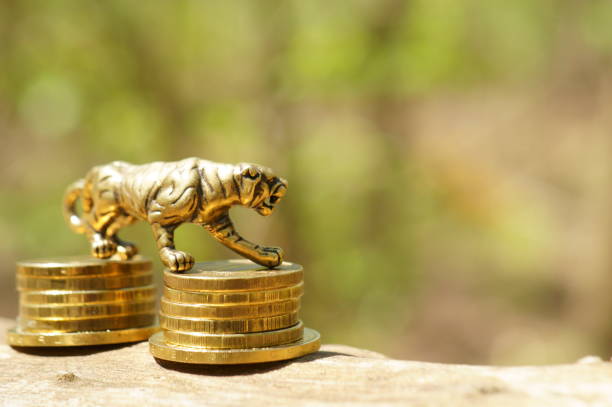istock A metal tiger figurine on a stack of coins. 1327517654