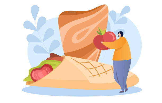 Kebab, shawarma, street food Kebab, shawarma, street food. The girl is holding a tomato for a kebab in her hand. A delicious combination of vegetables, meat and tortillas. Cartoon flat vector illustration on a white background greek pita stock illustrations