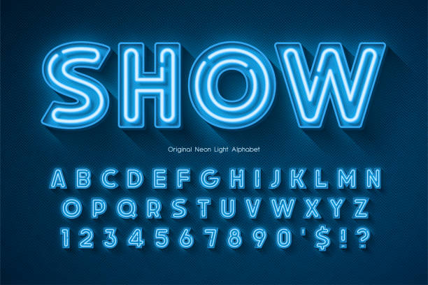 neonowe światło alfabet 3d, dodatkowy świecący typ origainal. - tekst symbol ortograficzny stock illustrations