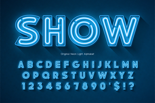 Neon light 3d alphabet, extra glowing origainal type.