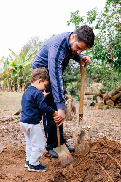 istock Father and son digging a hole to plant a tree 1327521329