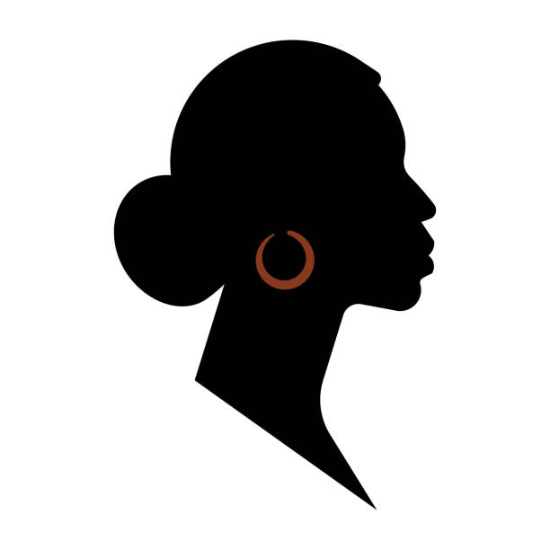 Black silhouette of woman with gold earring. Black silhouette of woman with gold earring. Face shape, profile, side view. Abstract portrait of woman, African-American ethnicity. Modern minimalist style vector illustration. ear piercing clip art stock illustrations