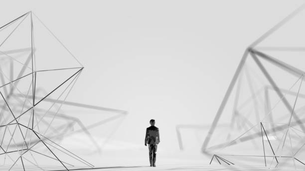 Polygonal business man walks in abstract world
