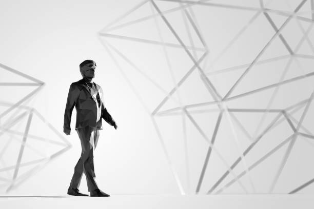 istock Polygonal business man walks in abstract world 1327526180