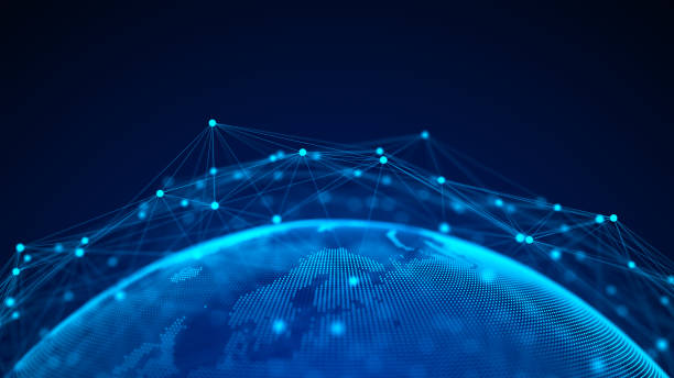 istock Global network connection. Blue futuristic world map. Concept of planet Earth. 3D rendering. 1327527430