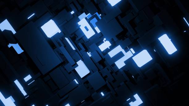 istock 3d render. Abstract dark blue background with neon light like cyberpunk night city. Network of different sizes blocks as light bulbs. 1327528162