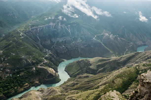 The deepest canyon in Europe in the valley of the blue river Sulak, Republic of Dagestan, Caucasus Deep, canyon, Europe, valley, blue river, Dagestan, Caucasus caucasus stock pictures, royalty-free photos & images
