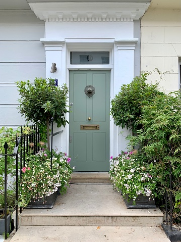 Fragment of facade of house in Holland park area in London. White house with green door and knocker. Bushes and flowers in pots as decoration for stairs and fence.