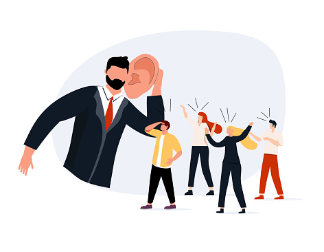 Good listener boss, listen and accept all opinion, suggestion or customer feedback concept, smart businessman trying hard to listen to all colleagues advice. Teambuilding, feedback from workers.