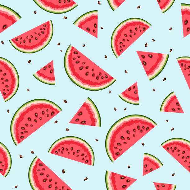 Seamless pattern with watermelon slices on blue. Vector illustration. Vector summer seamless pattern with watermelon slices on a blue background. watermelon stock illustrations