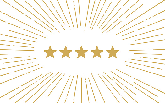 Five star review gold background dash out abstract design.