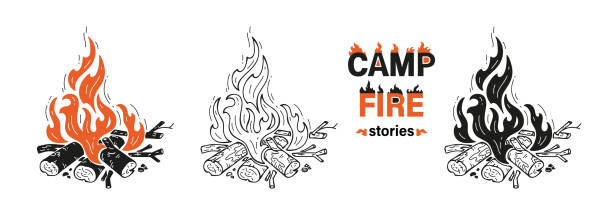 Wood Campfires and Campfire Stories inscription. Outdoor Bonfire. Fire Flames and Wooden Logs. Burning Firewood or Fireplace Vector Set of Outline and Silhouettes Drawing Wood Campfires and Campfire Stories inscription. Outdoor Bonfire. Fire Flames and Wooden Logs. Burning Firewood or Fireplace Vector Set of Outline and Silhouettes Drawing flame silhouettes stock illustrations
