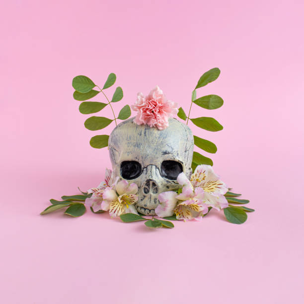 Skull with colorful flowers on pink background. Atmosphere witch ritual. Halloween creative fashion love concept.