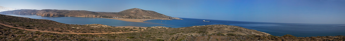 view of the junction of the Aegean and Mediterranean seas on the island of Rhodes in Greece