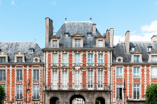 The Place des Vosges is one of the oldest squares in Paris, in the Marais district. Paris in France, July 6, 2021.