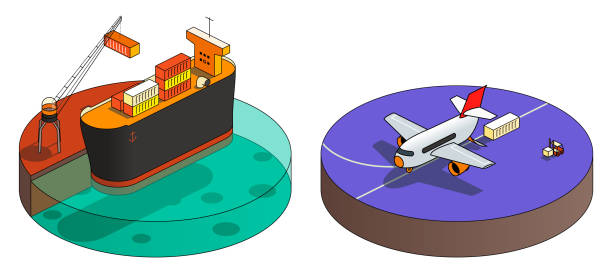 freight ship and airplane container cargo freight ship with crane in shipyard/ airplane loading cargo on board freight liner stock illustrations