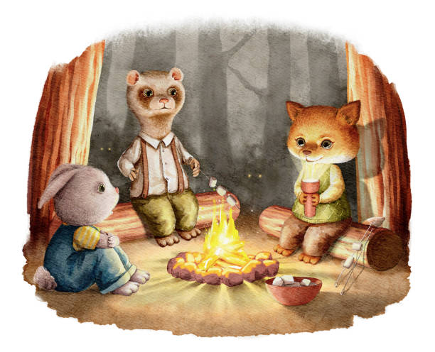 Watercolor illustration with three animals friends tell scary stories in the night forest by the fire Three animal friends in clothes fox, rabbit and ferret sit in the night forest by the fire and tell scary stories isolated on white background. Watercolor hand drawn illustration sketch fire fox stock illustrations