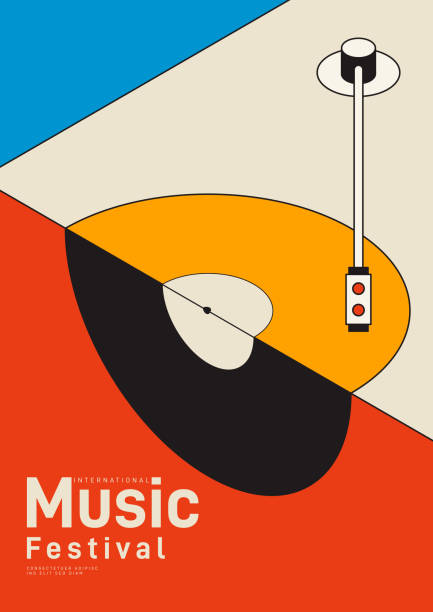 ilustraciones, imágenes clip art, dibujos animados e iconos de stock de fondo de plantilla de diseño de póster musical con disco de vinilo isométrico - disco audio analógico