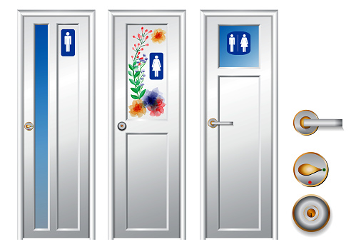 set of realistic toilet closet isolated or detailed toilet door in public area or public toilet restroom with man and woman sign or lavatory wc concept. eps vector