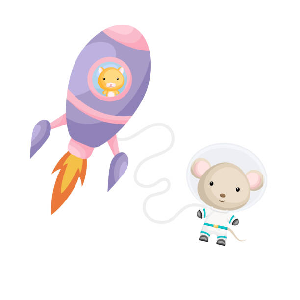 istock Cute little hamster flying in violet rocket. Cartoon mouse character in space costume with rocket on white background. Design for baby shower, invitation card, wall decor. Vector illustration 1327548886