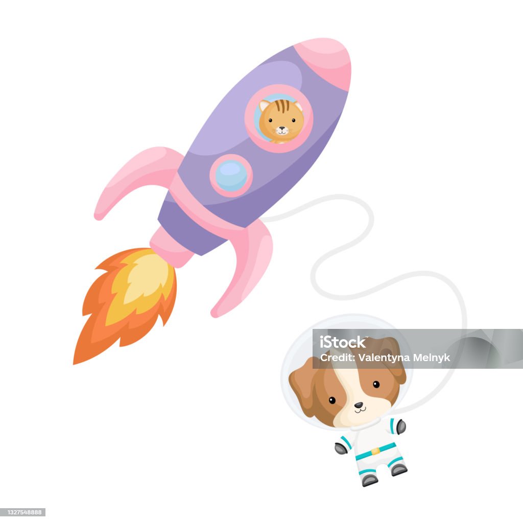 Cute Little Cat Flying In Violet Rocket Cartoon Dog Character In Space Costume With Rocket On White Background Design For Baby Shower Invitation Card Wall Decor Vector Illustration Stock Illustration - Download Cute Little Cat Flying In Violet Rocket Cartoon Dog Character In Space Costume With Rocket On White Background Design For Baby Shower Invitation Card Wall Decor Vector Illustration Stock Illustration - Download