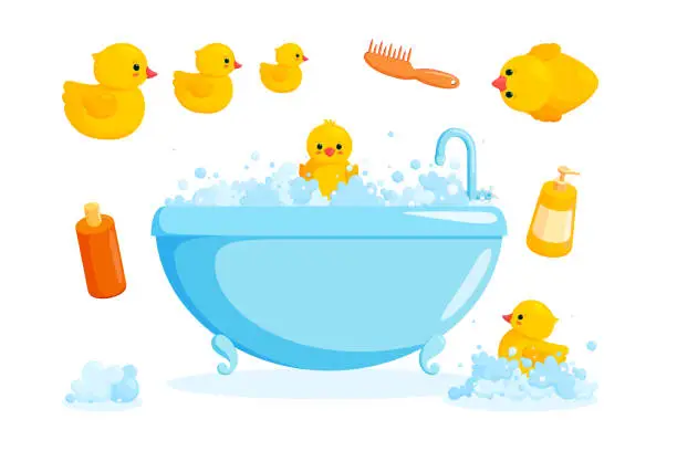 Vector illustration of Duck and bath with combs and foam. Bathing set with tub, cosmetics, yellow rubber ducks isolated in white background. Vector illustration