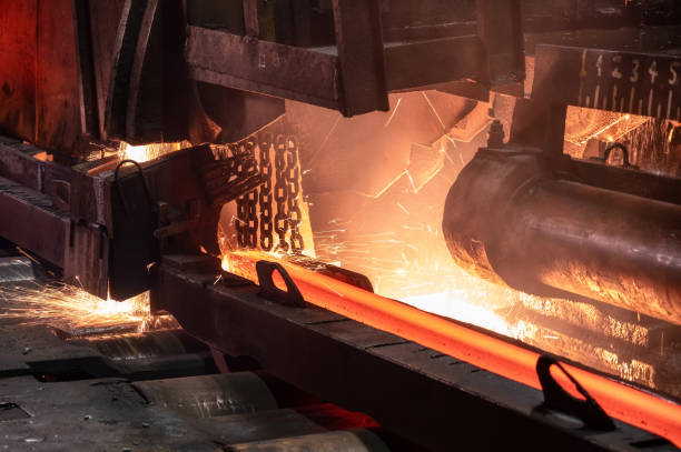 istock The process of cutting hot rolled steel into lengths 1327552230