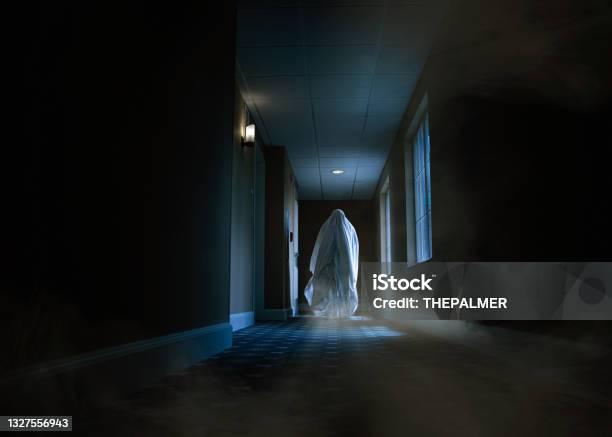 Spooky Ghost Moving Alongside A Hotel Corridor Stock Photo - Download Image Now - Ghost, Spooky, Horror