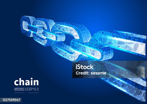 istock Chains, encryption and cooperation business concept illustration, vector abstract low polygon dot lines connected chain background 1327559547