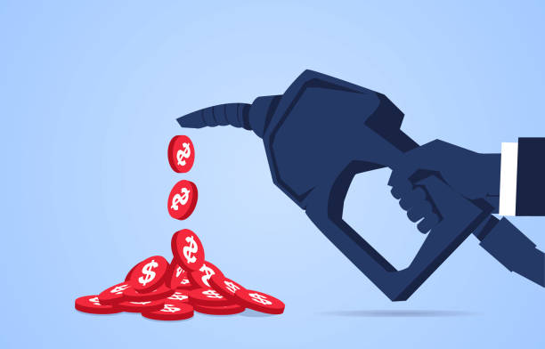 illustrations, cliparts, dessins animés et icônes de pièces d’or en dollars s’écoulant d’une main tenant un pistolet à combustible - huile moteur