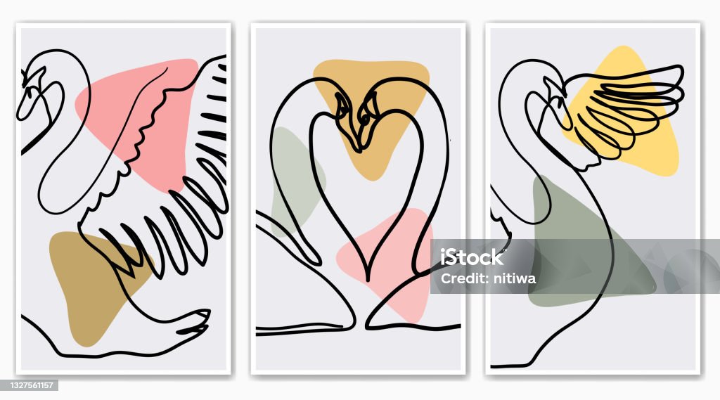 Set Of Minimal Couple Of Swans Abstract Childish Hand Drawing Continuous  Lines Face For Posters Hanging Wall Wallpaper Texture Banner Label Card Etc  Modern Hipster Style Vector Design Stock Illustration - Download
