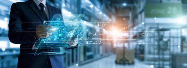 istock Businessman holding virtual interface panel of global logistics network distribution and transportation, Smart logistics, Innovation future of transport on large warehouse center background 1327565196