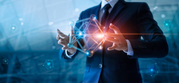 istock Businessman holding abstract digital networking structure on global network connection and data exchanges worldwide, Business network communication and technology concept. 1327567700