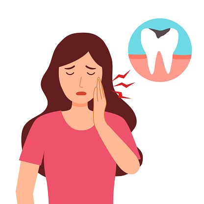 Woman having painful toothache character in flat design. Dental problem and oral treatment concept. Tooth caries.