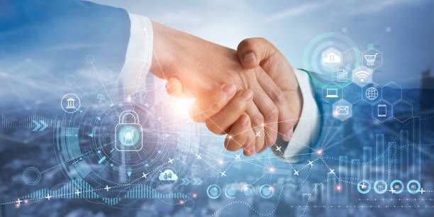 Businessman handshake of business partners successful of investment deal on economic growth graph chart of  business. Network.  Business strategy. Digital marketing. stock photo