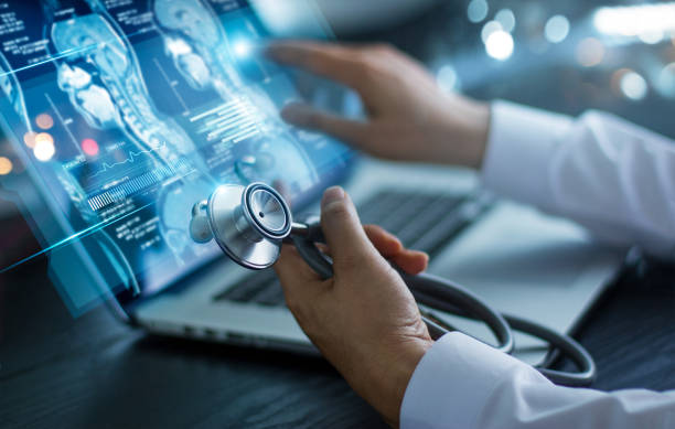 medicine doctor research and analysis. diagnose checking brain testing result patient with modern virtual screen interface on laptop with stethoscope in hand, medical technology and innovative concept - healthcare and medicine stethoscope patient report imagens e fotografias de stock