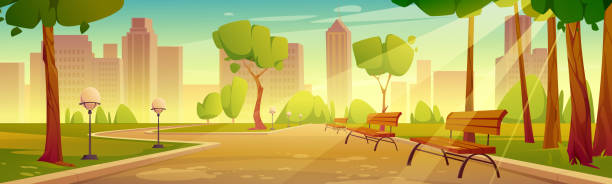 City park with benches summer scenery landscape City park with benches summer scenery landscape. Urban garden with street lamps along pathway perspective view on cityscape background, empty public place with green trees, Cartoon vector illustration sunny day stock illustrations
