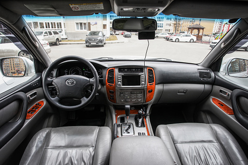 Novyy Urengoy, Russia - June 5, 2021: Interior of the Japanese offroad car Toyota Land Cruiser 100.