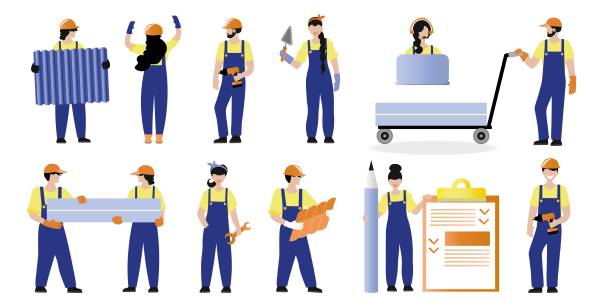 Set of vector illustrations of people builders. Construction workers and related positions. People in uniform with items for construction vector art illustration