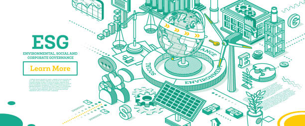 ilustrações de stock, clip art, desenhos animados e ícones de esg concept of environmental, social and governance. globe model of the earth. - environment responsibility gear resource