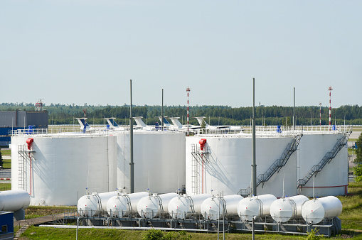 Aviation fuel storage for aircraft at the airport.