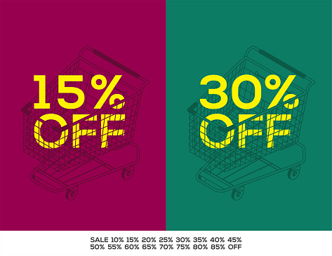Isometric vector illustration of a shopping cart with savings coupons, grocery discounts, special offers inside of a cart. 15% off and 30% off coupons. A flat design ideal for brochures, flyers, and other promotional materials.