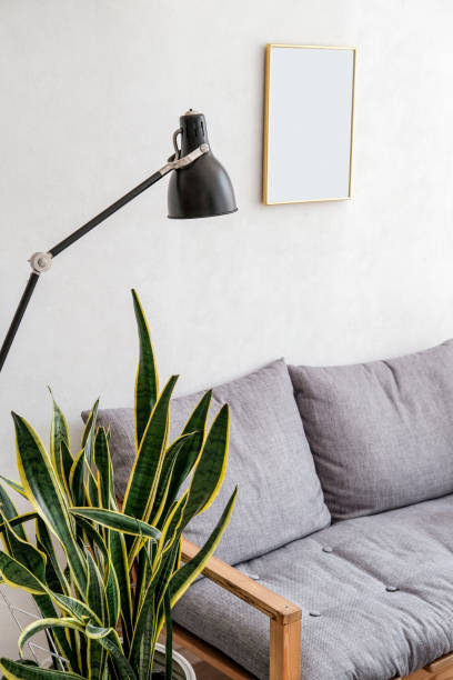 istock Cozy interior with empty poster frame and Sansevieria plant pot. 1327580541