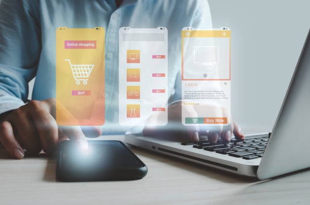 Man hand touching mobile phone application interface UI on a smartphone digital marketing online shopping.