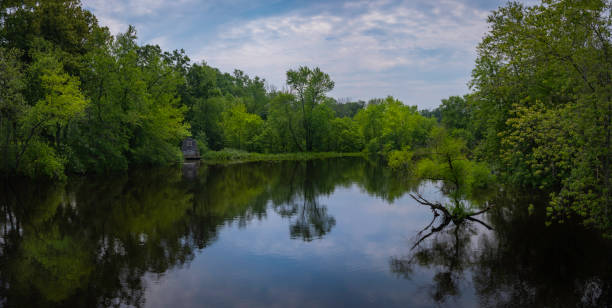 istock Tranquil green forest and mirror-like water reflections over the pond 1327583105