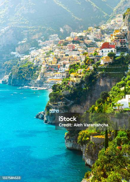 Morning View Of Positano Cityscape Italy Stock Photo - Download Image Now - Italy, Positano, Amalfi